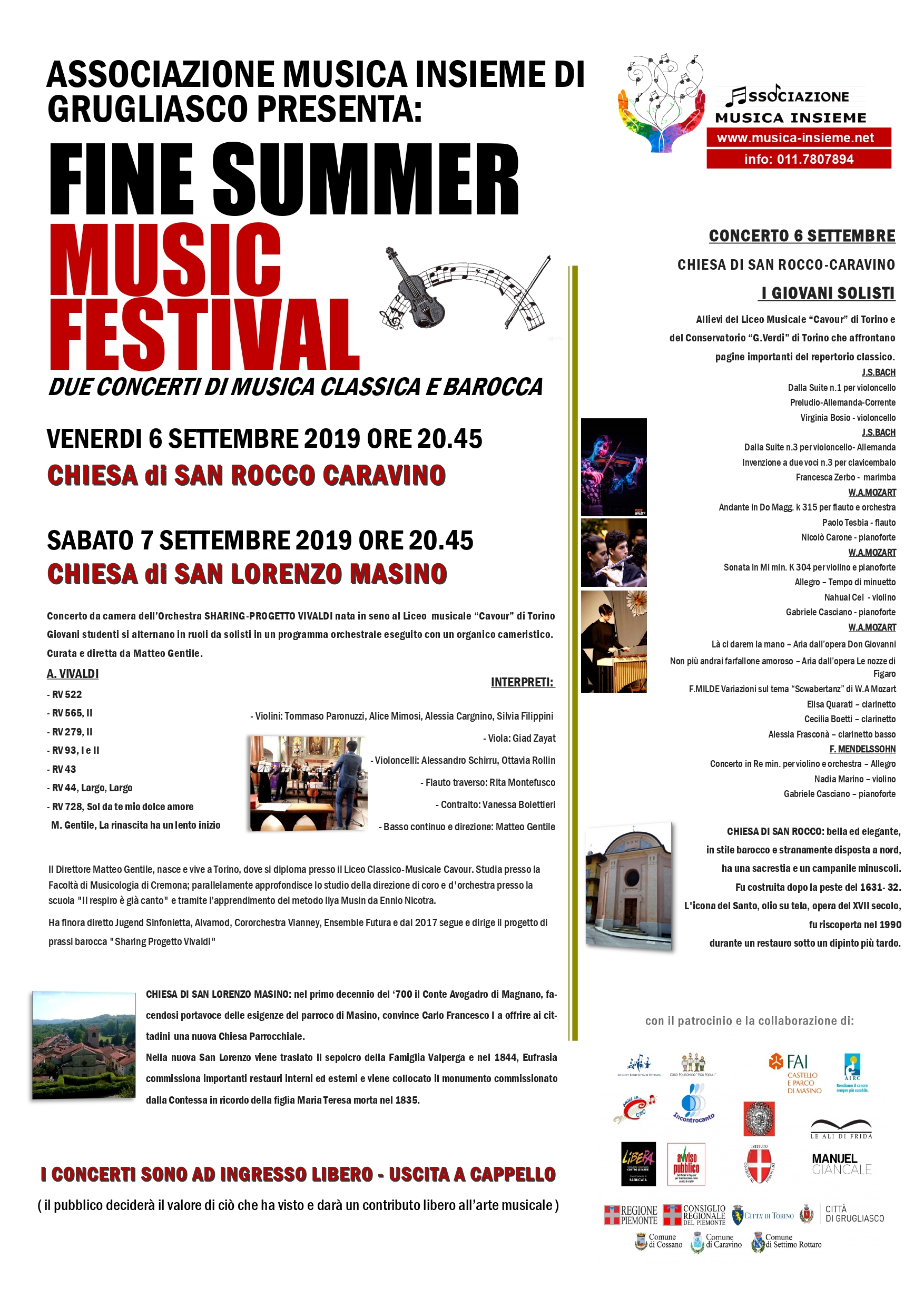 CARAVINO Fine Summer Festival 6 7 sett.2019 Concerti musica Classica Barocca Associazione Musica Insieme